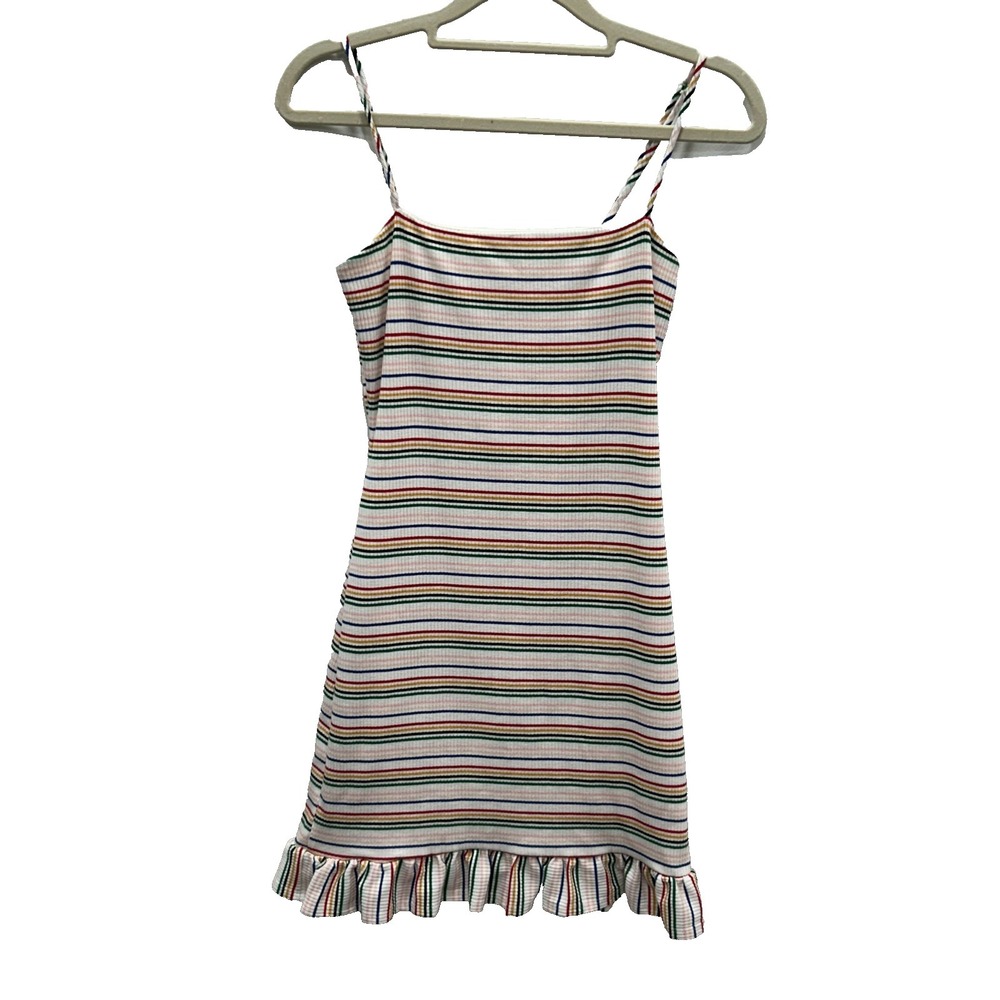 Le Lis‎ Dress Womens S White Rainbow Stripe Ribbed Mini Spaghetti Strap Ruffle